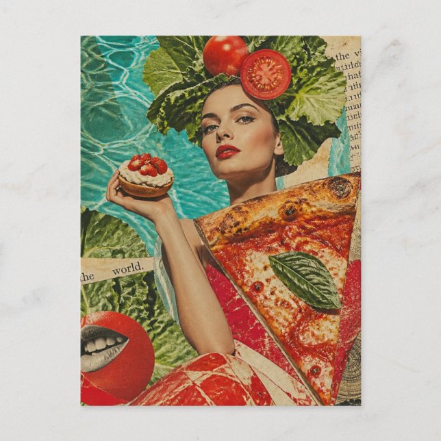 Postal Mujer con Pizza y Ensalada Collage (Anverso)