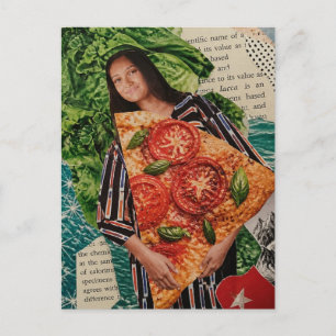 Postal Mujer con Rebanada de Pizza Collage de Medios Mixt
