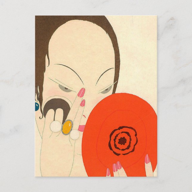 Postal MUJER CON ROJO ESPEJO ROJO Deco Belleza Moda Maqui (Anverso)