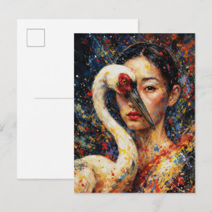 Postal Mujer con salpicadura colorida de ave grulla