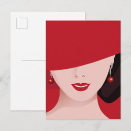 Postal Mujer con sombrero rojo
