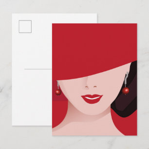 Postal Mujer con sombrero rojo