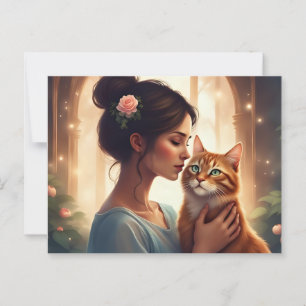 Postal Mujer con su gato naranja