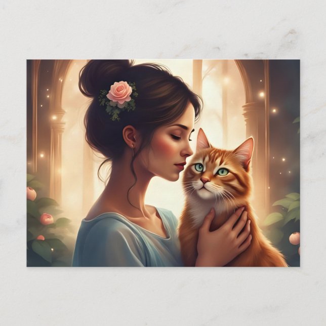 Postal Mujer con su gato naranja (Anverso)