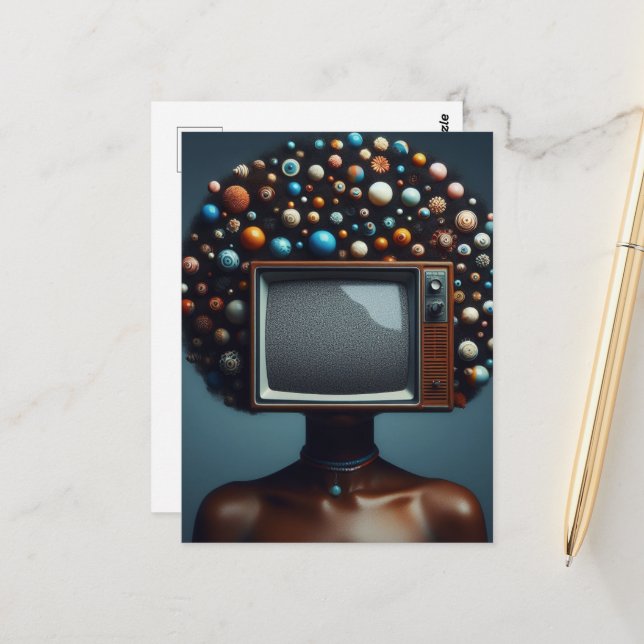 Postal Mujer con TV en la cabeza cabello negro natural (Anverso/Reverso In Situ)