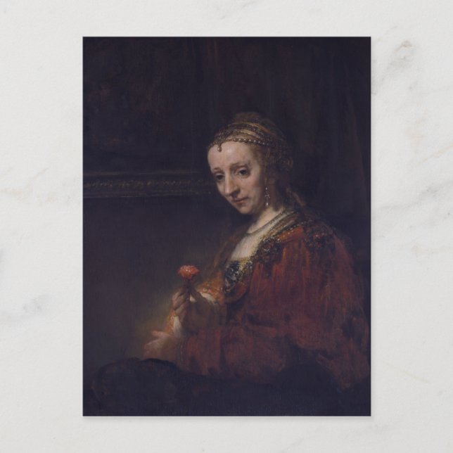 Postal Mujer con un clavel rosado por Rembrandt van Rijn (Anverso)
