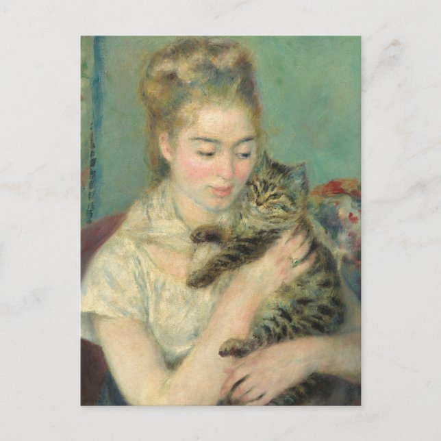 Postal Mujer con un gato por arte impresionista de Renoir (Anverso)