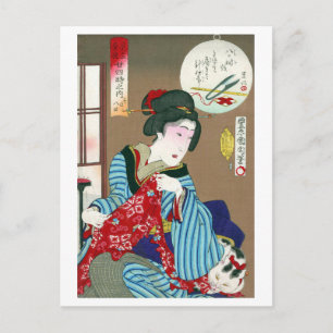 Postal Mujer con un gato, Toyohara Kunichika, Ukiyo-e