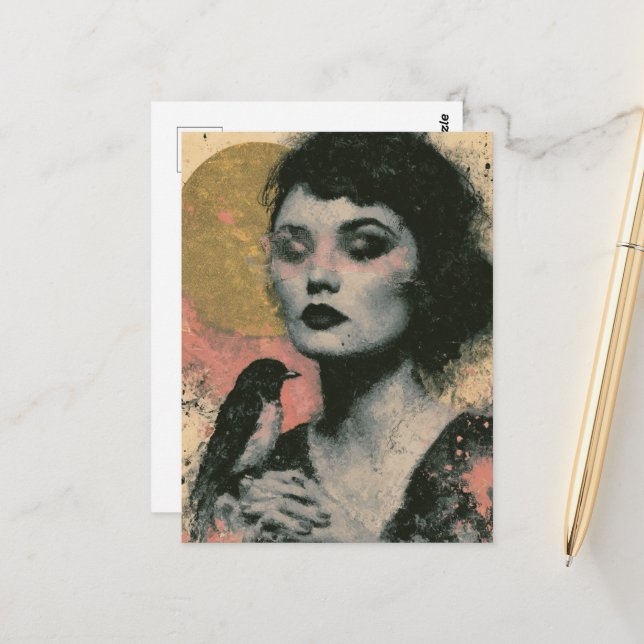 Postal Mujer Con un Pájaro (Anverso/Reverso In Situ)