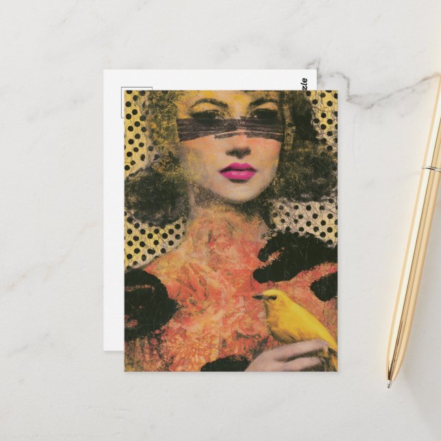 Postal Mujer con un pájaro amarillo (Anverso/Reverso In Situ)