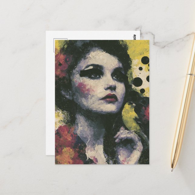 Postal Mujer con un pájaro jilguero (Anverso/Reverso In Situ)