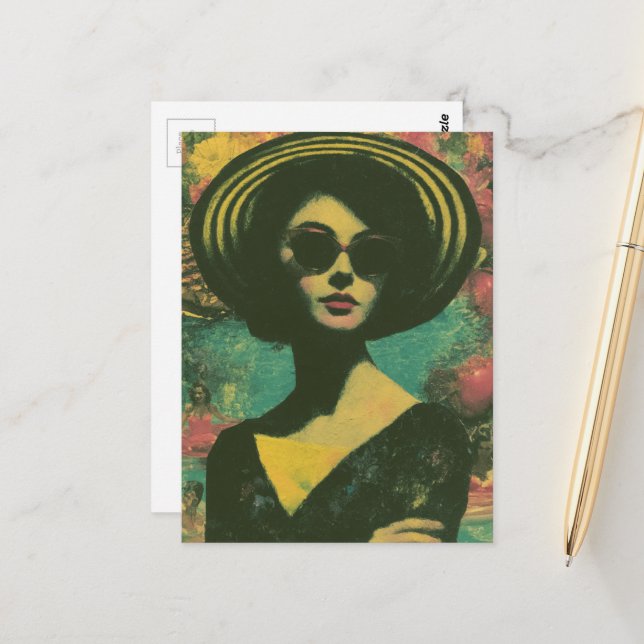 Postal Mujer con un sombrero de sol a rayas Moda y divers (Anverso/Reverso In Situ)
