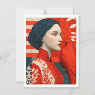 Postal Mujer con un vestido florido rojo y un pájaro rojo