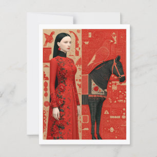 Postal Mujer con un vestido rojo con flores y caballo neg