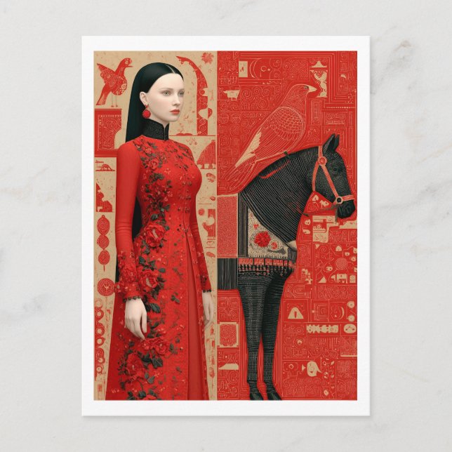 Postal Mujer con un vestido rojo con flores y caballo neg (Anverso)
