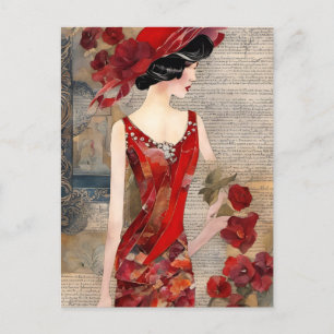 Postal Mujer con un vestido rojo y medios mixtos