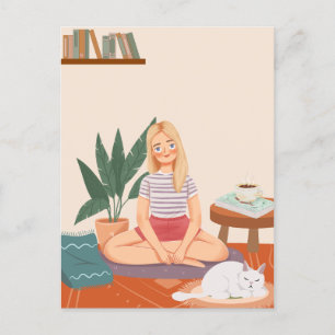 Postal Mujer con una planta y un gato en un hogar acogedo