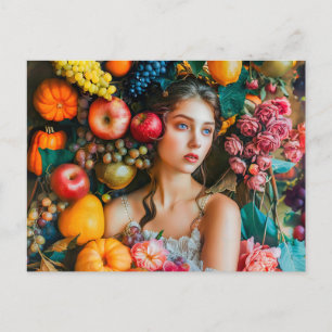 Postal Mujer con uvas y arreglo floral