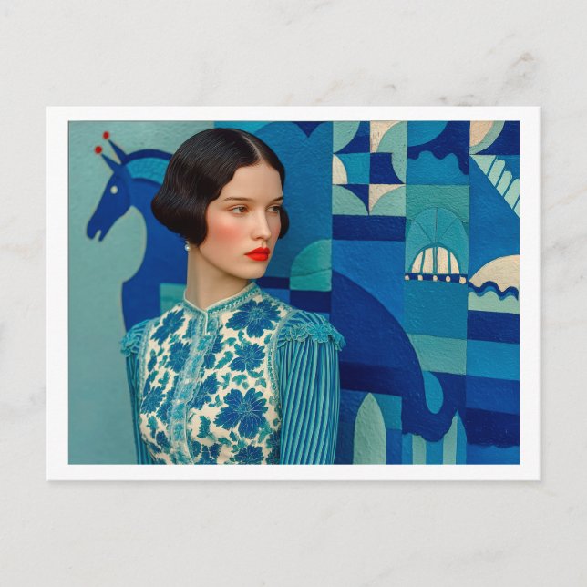 Postal Mujer con vestido azul floral, pintura de caballo  (Anverso)