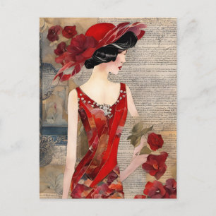 Postal Mujer con vestido rojo