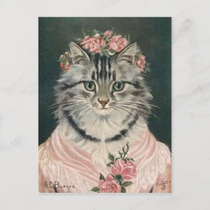 Postal Mujer corona rosas gato