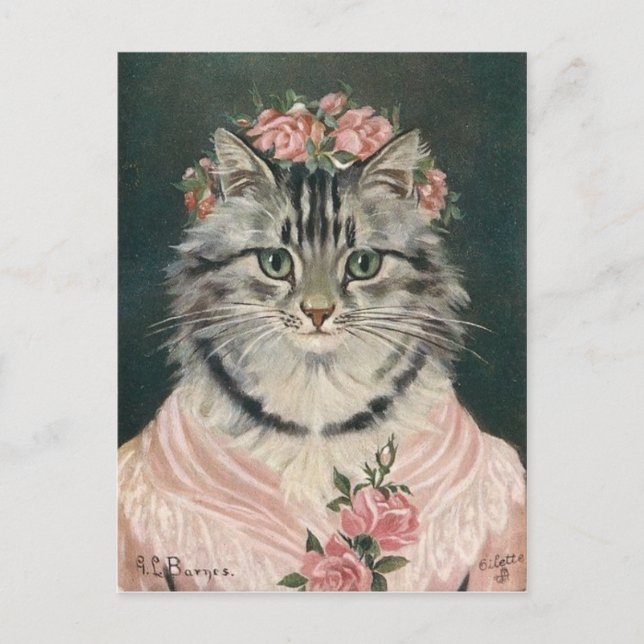 Postal Mujer corona rosas gato (Anverso)