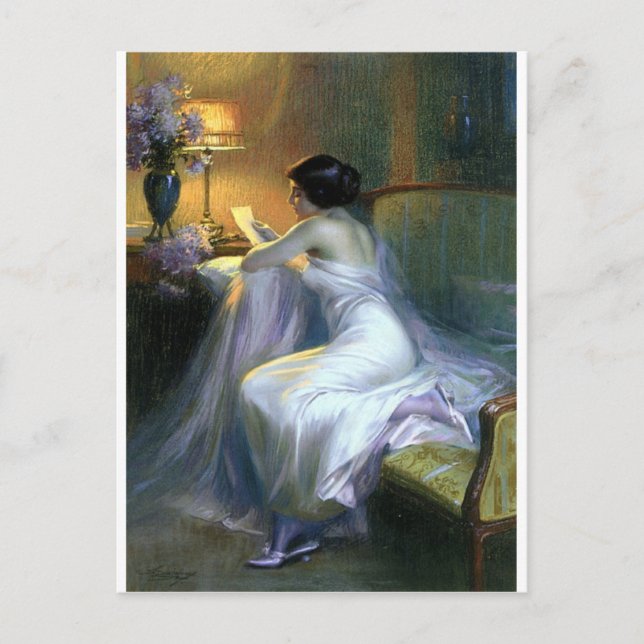 Postal mujer dama leyendo carta arte de pintura antigua (Anverso)