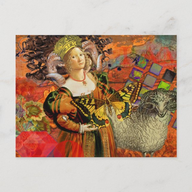 Postal Mujer de Aries Naranja: Collage de Arte Antiguo de (Anverso)