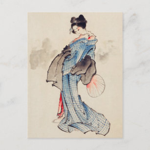 Postal Mujer de arte japonesa vintage en un Kimono