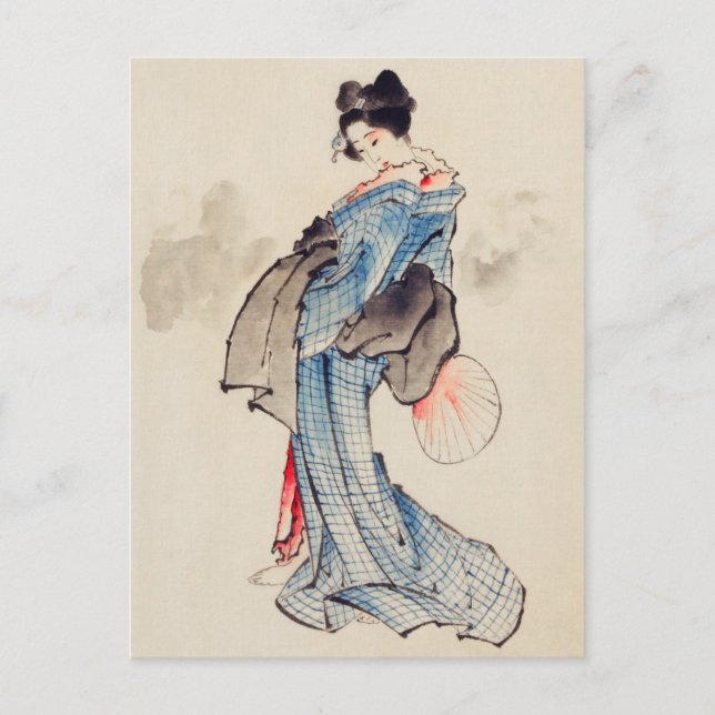 Postal Mujer de arte japonesa vintage en un Kimono (Anverso)