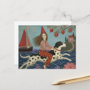 Postal Mujer de arte popular y fantasía de perro