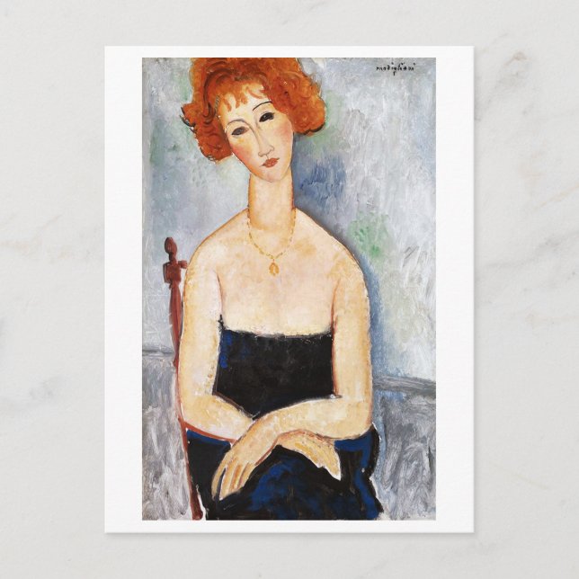 Postal Mujer de cabello rojo con un Pendante, Modigliani (Anverso)