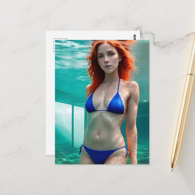 Postal Mujer de cabello rojo en bikini azul (Anverso/Reverso In Situ)