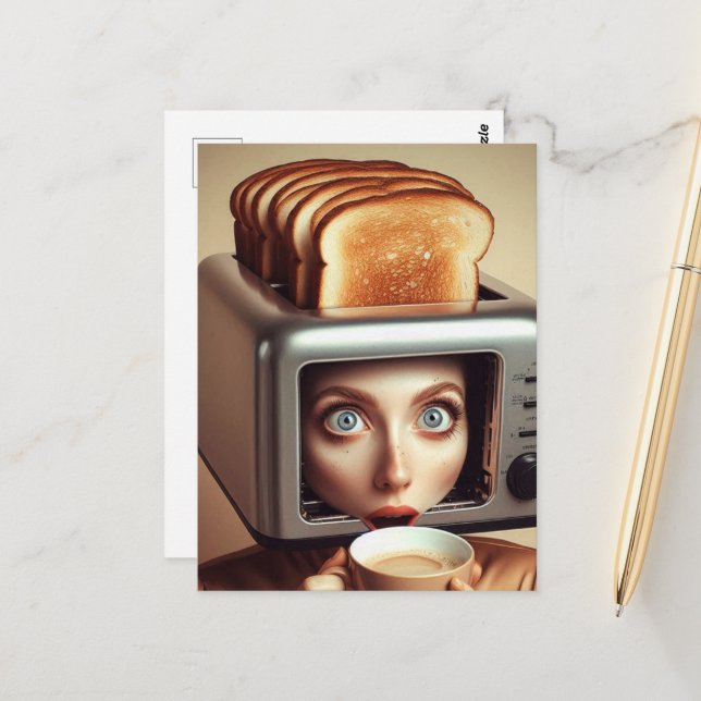 Postal Mujer de desayuno surrealista (Anverso/Reverso In Situ)
