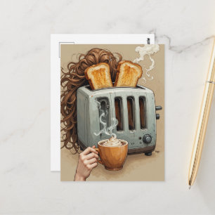 Postal Mujer de desayuno surrealista con tostadora en la 