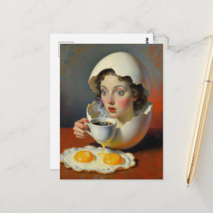 Postal Mujer de desayuno surrealista en huevo agrietado c