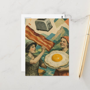 Postal Mujer de desayuno surrealista Tocino y huevos Tost