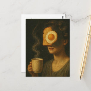 Postal Mujer de desayuno surrealista tostada huevo y café