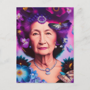Postal Mujer de edad avanzada con mariposas y flores