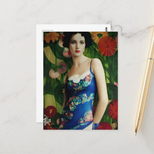 Postal Mujer de estilo Art Déco elegante con grandes flor
