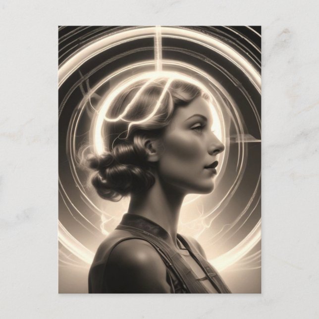 Postal Mujer De Estilo Retro Con Halo Eléctrico (Anverso)