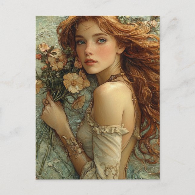 Postal Mujer de Fantasía con Flores (Anverso)