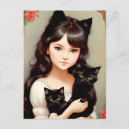 Postal Mujer de Gato caprichoso - Pintura de época. Posta