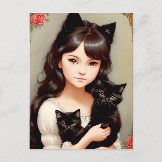 Postal Mujer de Gato caprichoso - Pintura de época. Posta (Anverso)