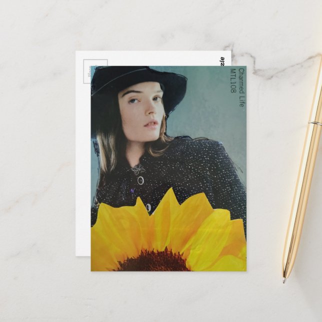 Postal Mujer de Girasol Encantado Collage (Anverso/Reverso In Situ)