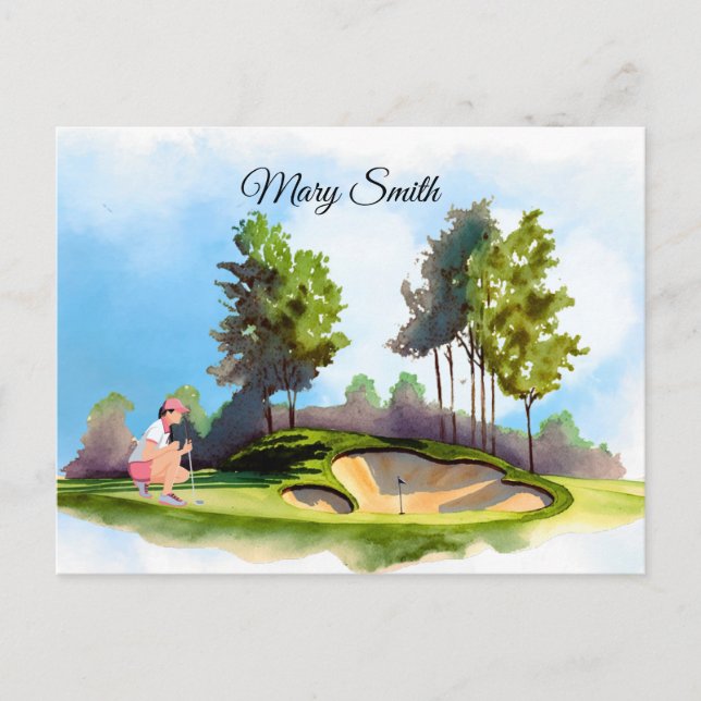 Postal Mujer de golf jugando golf (Anverso)
