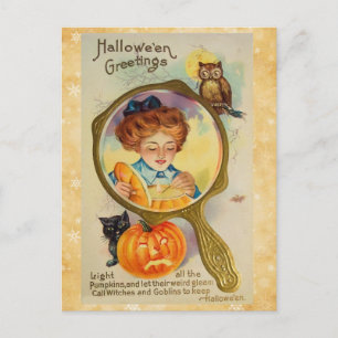 Postal Mujer de Halloween Vintage Calabaza y Búho