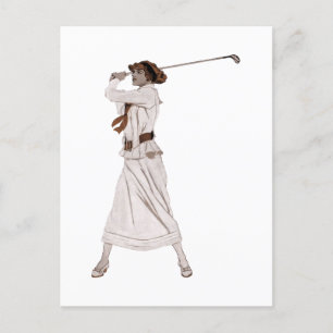 Postal Mujer de ilustracion de época jugando golf