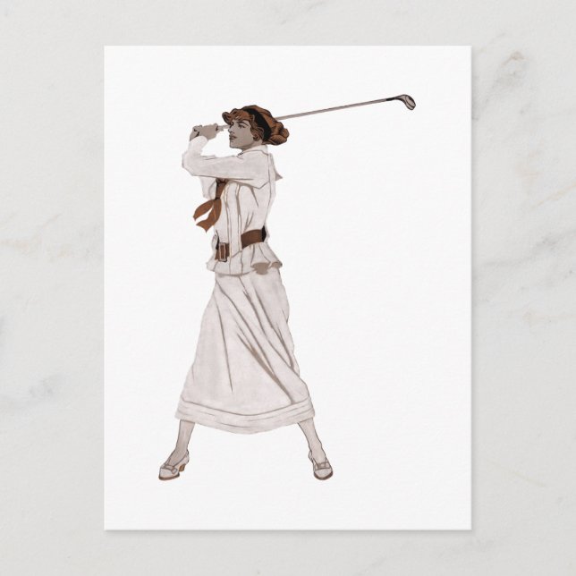 Postal Mujer de ilustracion de época jugando golf (Anverso)