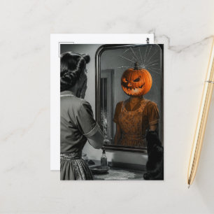 Postal Mujer de Jack-o-lantern espeluznante y gato retro